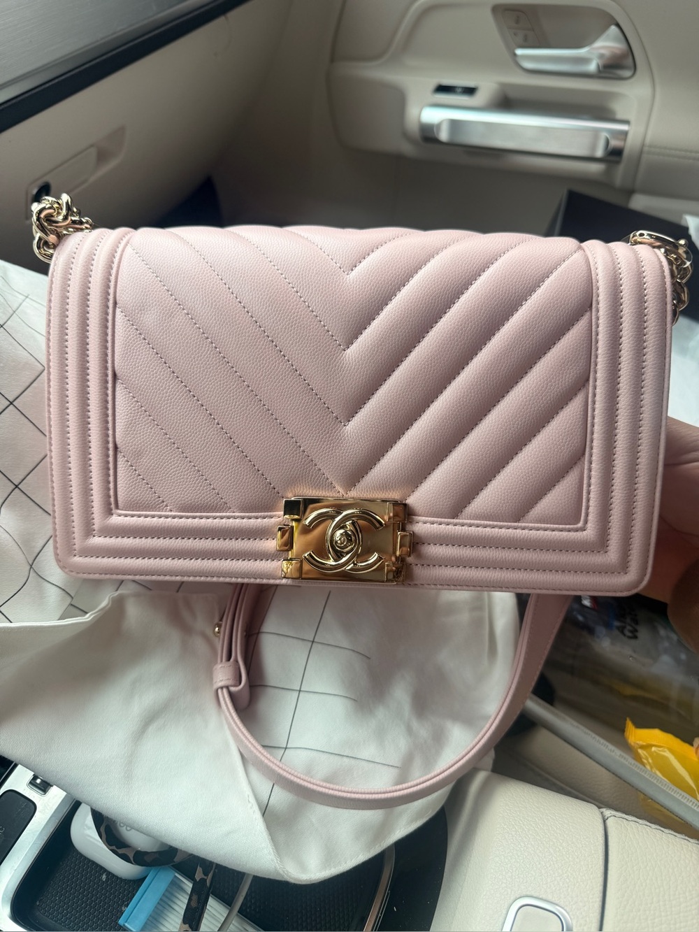 CHANEL OBO Light Pink Quilted Boy Flap Bag with Gold Hardware